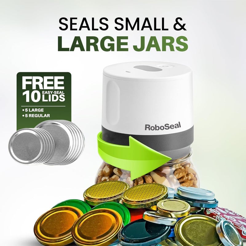 Emson RoboSeal Rechargeable Mason Jar Vacuum Sealer for Mason Jars Wide & Regular Mouth, One Touch Operation, 10 Jar Lids and Jar Opener Included, Digital Battery Indicator, Preserves Foods 5x Longer - Image 4